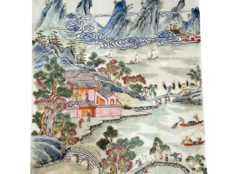 Chinese tile with extensive landscape decoration, 42cm by 27cm.