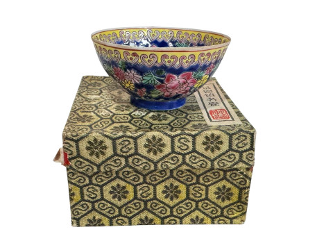 Chinese famille rose tea bowl, boxed.