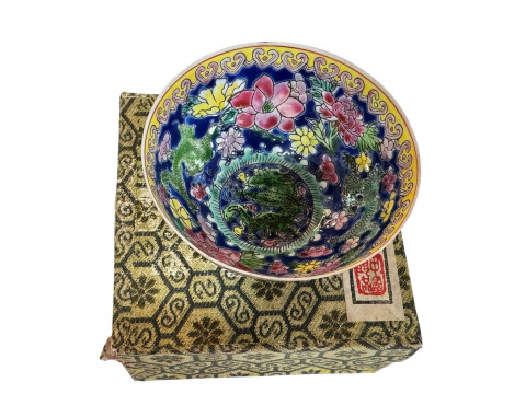 Chinese famille rose tea bowl, boxed. thumbnail