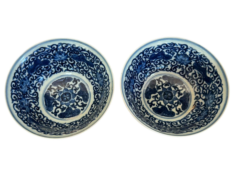 Pair of good quality Chinese porcelain bowls with blue and white interiors and plant decoration exterior, blue seal mark, 15cm diameter, with stands.