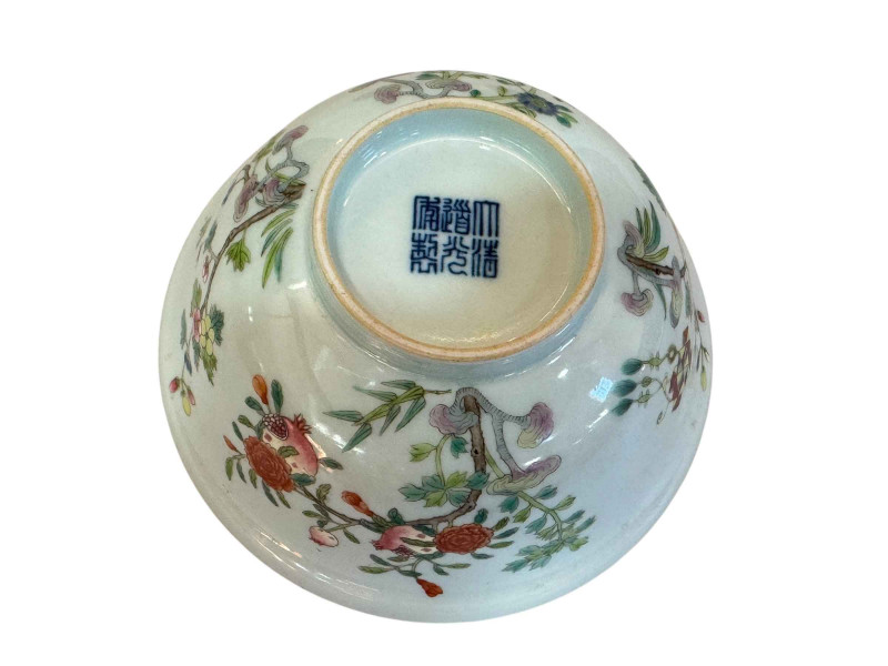 Pair of good quality Chinese porcelain bowls with blue and white interiors and plant decoration exterior, blue seal mark, 15cm diameter, with stands.