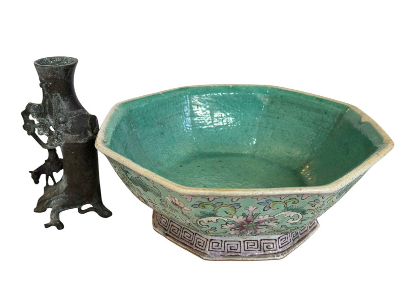 Chinese octagonal bowl, 28cm across, and bronze sculptural specimen vase (2).