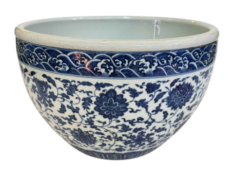 Chinese blue and white jardiniere with continuous foliate decoration, blue seal mark, 33cm diameter. thumbnail