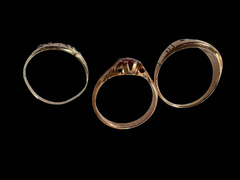 Three gold gem set rings, one with stones missing, two hallmarked 9 carat. thumbnail