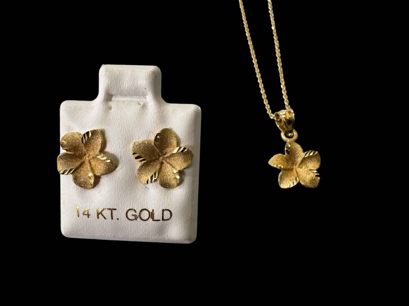 14k gold pendant, necklace and earrings set.