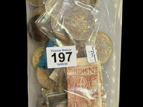 Collection of British coinage and notes.