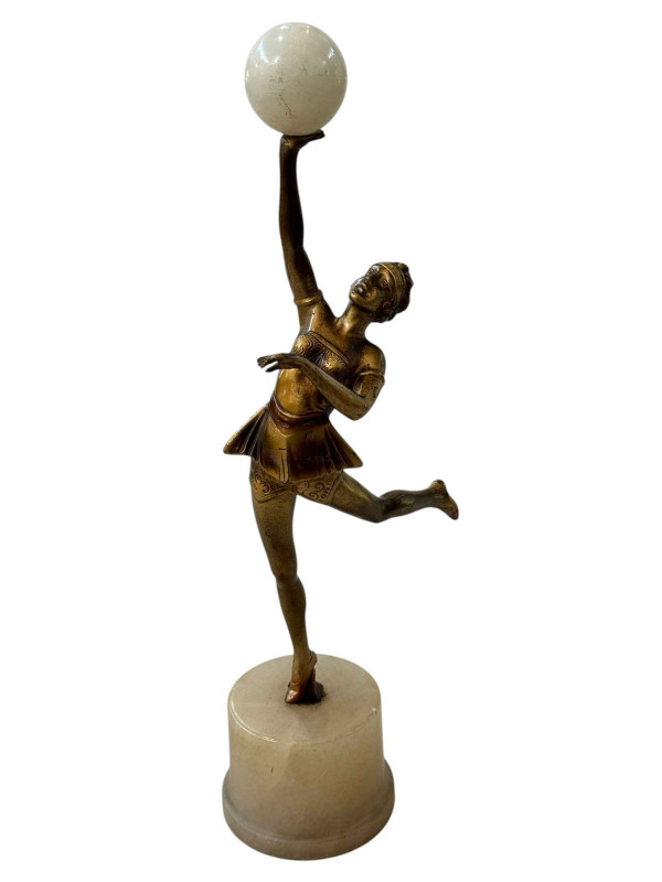 Vintage Art Deco gilt figure of dancer with ball, 32.5cm.