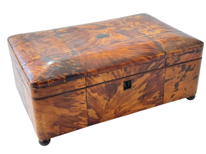 19th Century tortoiseshell veneered work box, 30cm width.