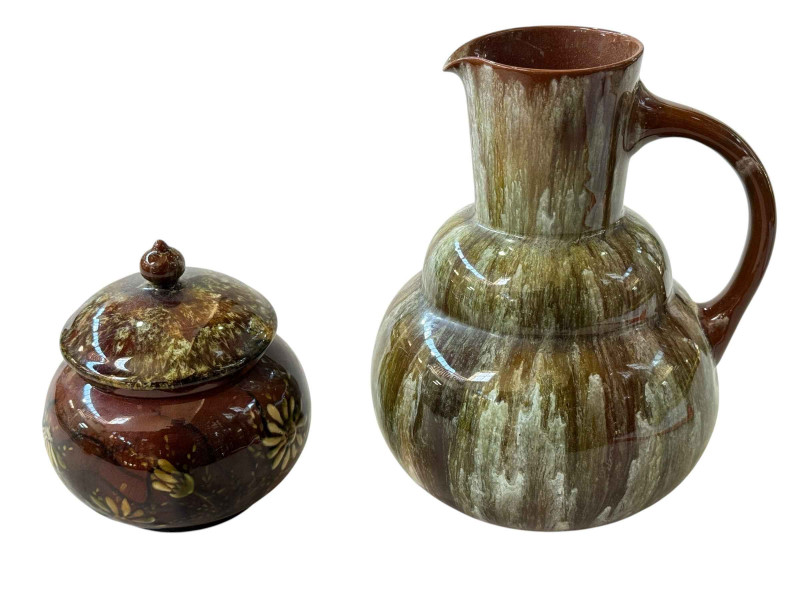 Linthorpe Pottery streak glazed jug, shape number 856, 17.5cm, and Linthorpe jar and cover (2).