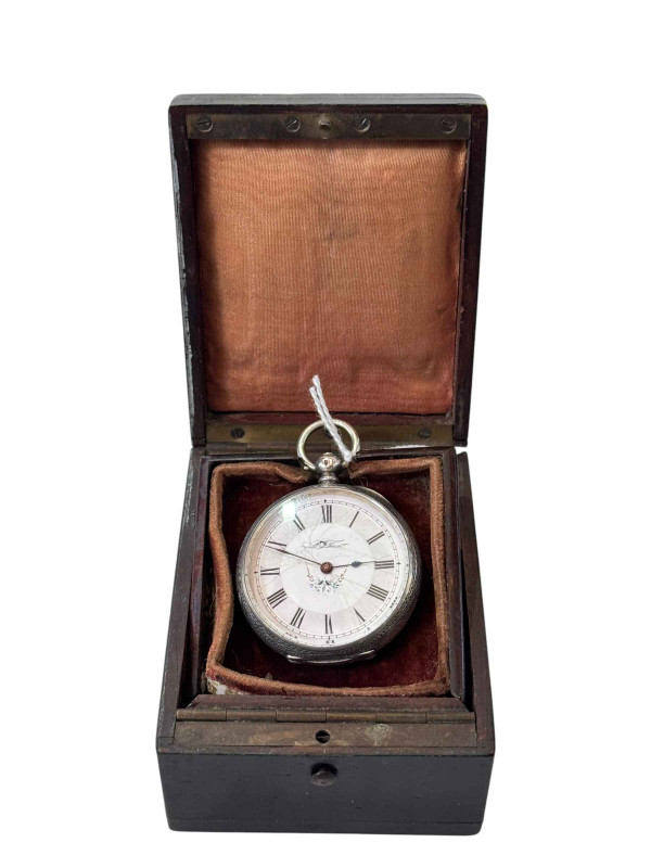 Continental silver fob watch with boulle lidded travel box.