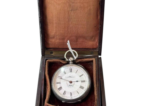 Continental silver fob watch with boulle lidded travel box.