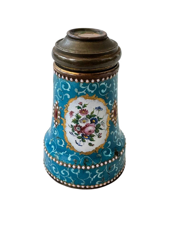 French 19th Century enamel Etui with implements, 9.5cm high.