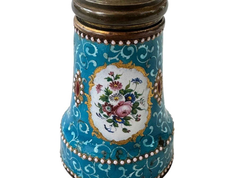 French 19th Century enamel Etui with implements, 9.5cm high.