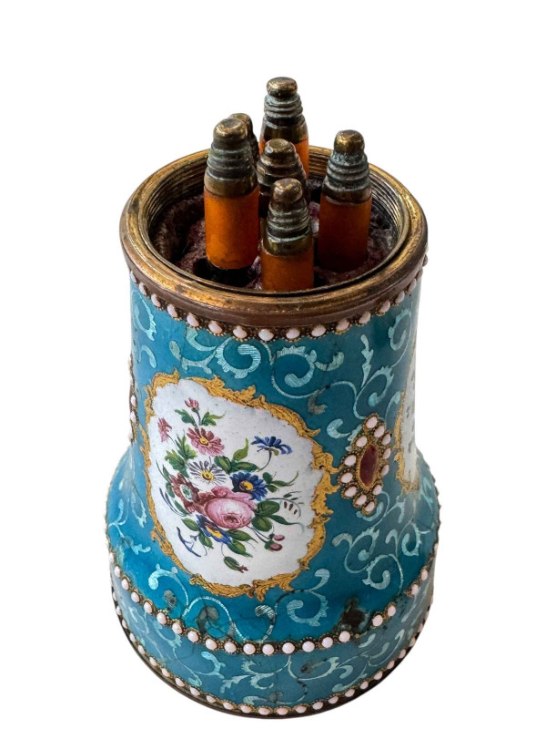 French 19th Century enamel Etui with implements, 9.5cm high.