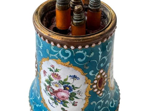 French 19th Century enamel Etui with implements, 9.5cm high. thumbnail