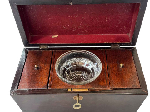 Victorian rosewood tea caddy with two compartments and blending bowl. thumbnail