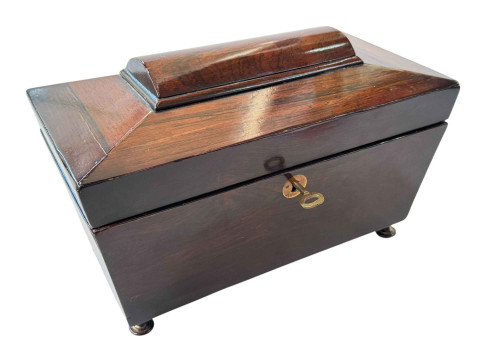 Victorian rosewood tea caddy with two compartments and blending bowl.