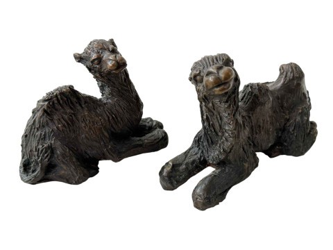 Pair cast bronze camels, 15cm length.
