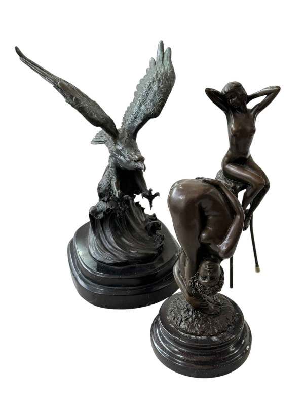 Bronze naked lady on a stool, 27cm, erotic bronze, and seabird bronze (3).
