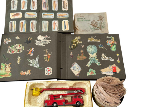 Corgi Simon Snorkel Fire Engine, cigarette cards, scrap album and stamps.