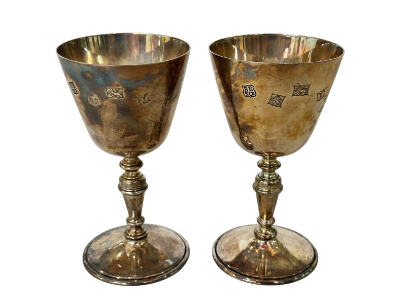 Pair silver wine goblets by Barker Ellis, 13cm, Birmingham 1973.