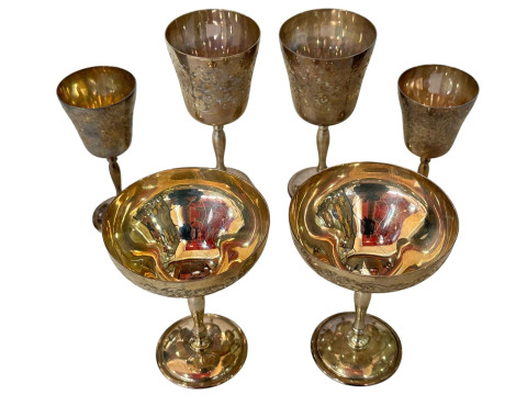 Three pairs of silver goblets by Goldsmith & Silversmiths Co, the bowls...