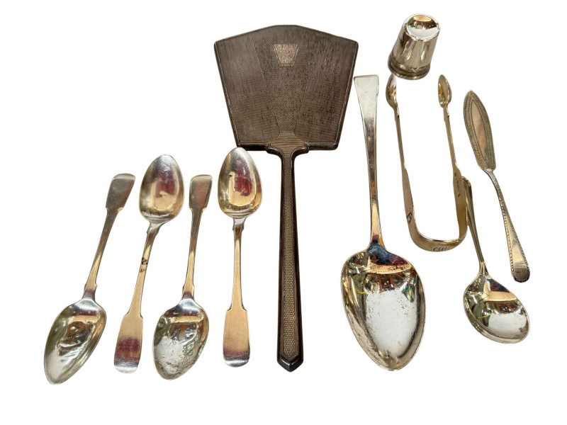 George III silver tablespoon, four George IV silver teaspoons, silver tongs, spoon, butter knife, measure and hand mirror (7).