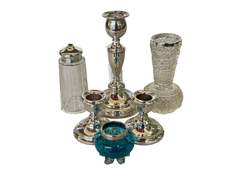 Silver loaded candlestick, 16cm, London 1913, pair silver dwarf candlesticks, and three silver mounted pieces (5).