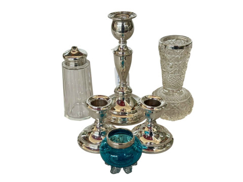 Silver loaded candlestick, 16cm, London 1913, pair silver dwarf candlesticks,...