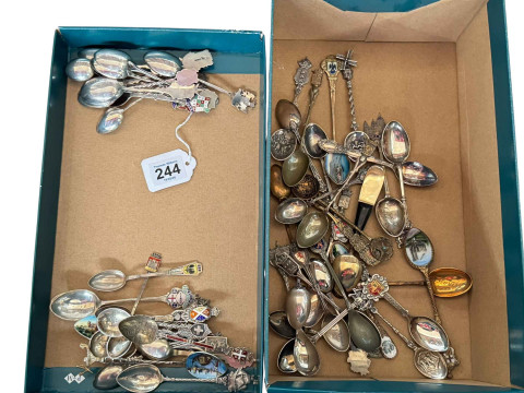 Collection of souvenir teaspoons including British and Continental silver.
