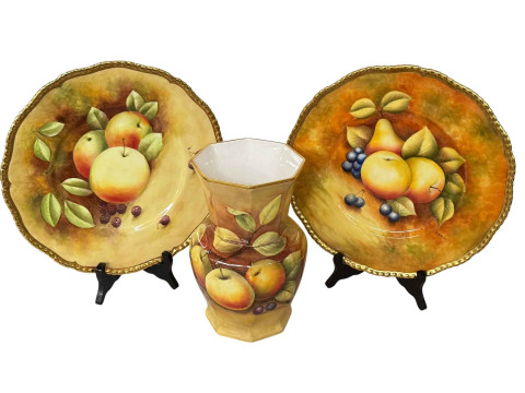 Pair large fruit painted Coalport plates and octagonal vase, signed by...