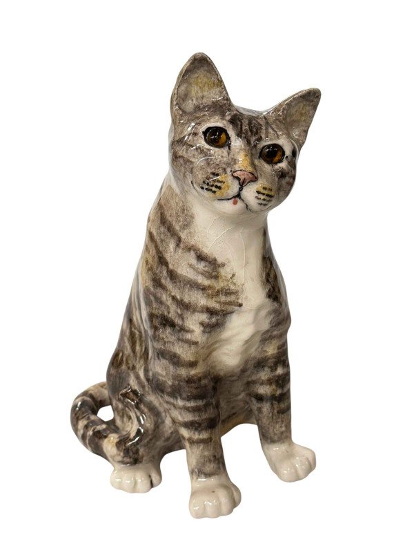 Large Winstanley grey striped seated cat, signed, size 8, 39.5cm.