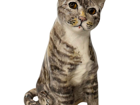 Large Winstanley grey striped seated cat, signed, size 8, 39.5cm.