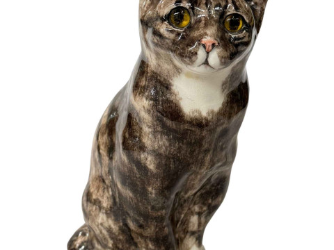 Large Winstanley grey seated cat, signed, size 7, 33cm.