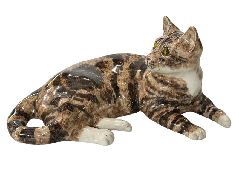 Large Winstanley striped brown reclining cat, signed, size 7, 36cm across.