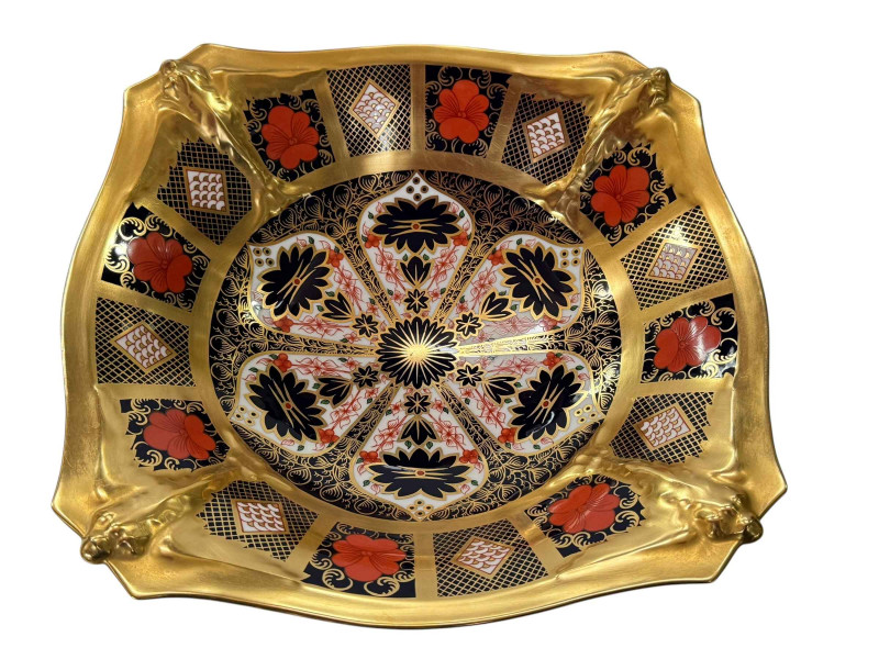 Royal Crown Derby Imari tazza with dolphin quatrefoil base, 30cm across.
