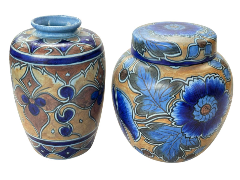 Clews Chameleon Ware ginger jar, 20cm, and vase (2).