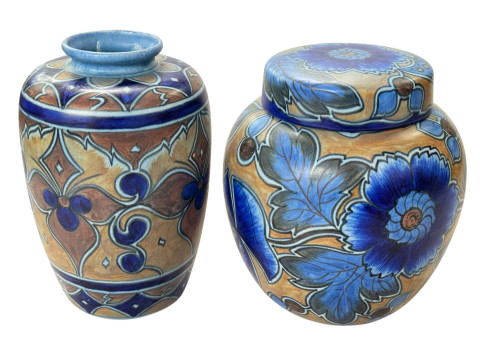 Clews Chameleon Ware ginger jar, 20cm, and vase (2).