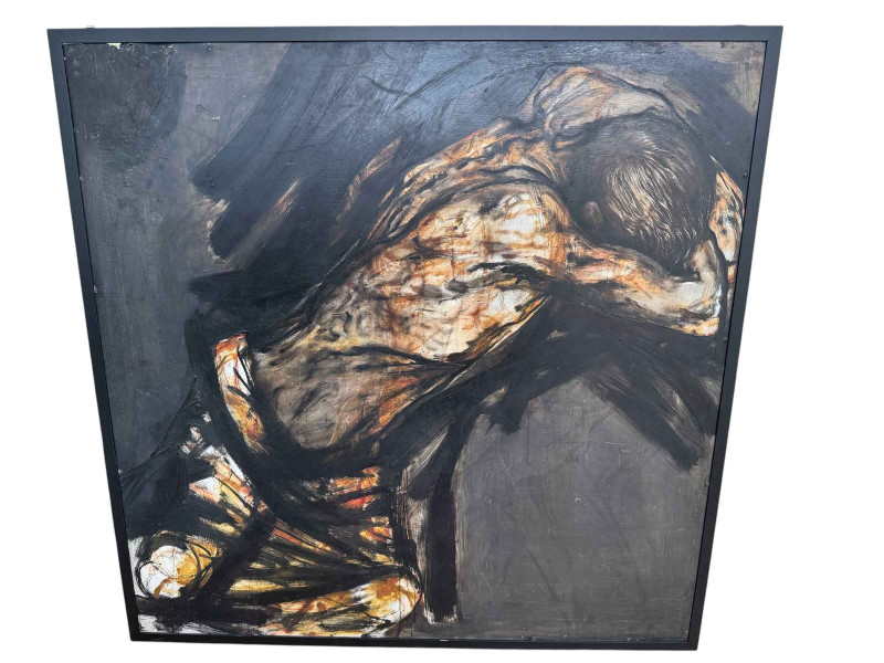 Large acrylic on board of seated male with back image verso, 122cm square, together with small watercolour (2).