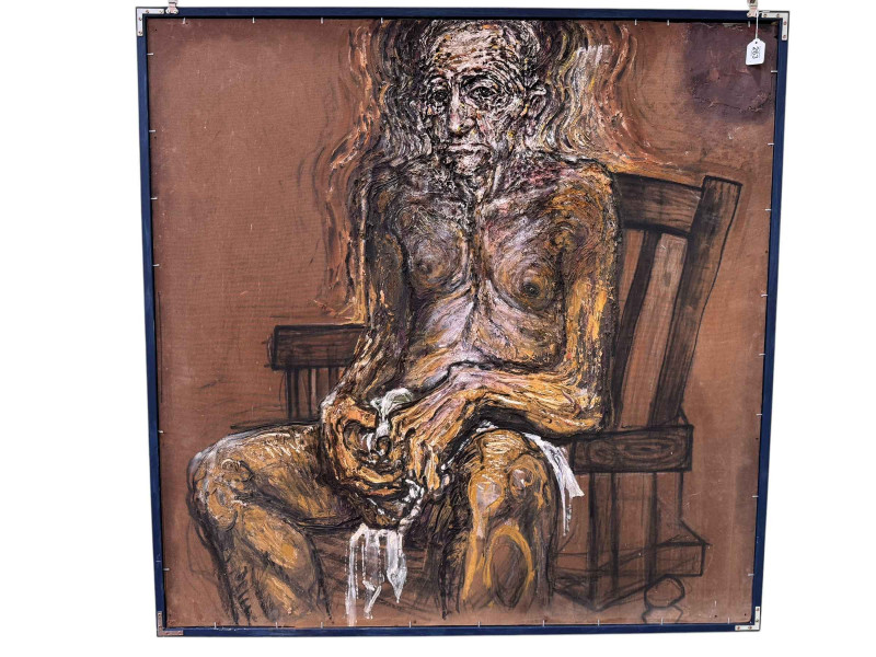 Large acrylic on board of seated male with back image verso, 122cm square, together with small watercolour (2).