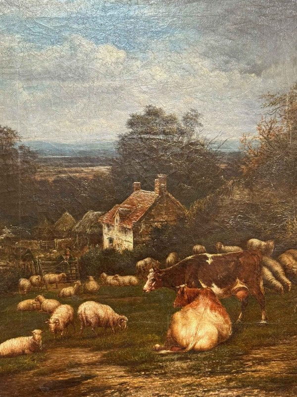Dutch School, Cattle and Sheep in Farmstead, oil on canvas 59cm by 49cm, framed.