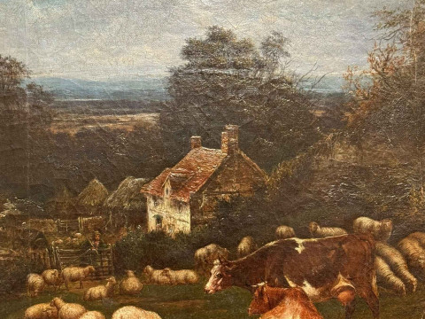 Dutch School, Cattle and Sheep in Farmstead, oil on canvas 59cm by 49cm, framed. thumbnail