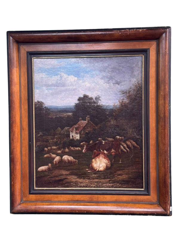 Dutch School, Cattle and Sheep in Farmstead, oil on canvas 59cm by 49cm, framed.