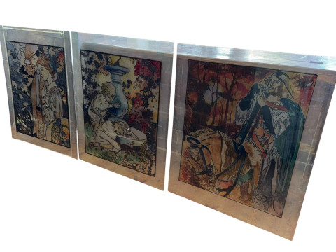 Three celluloid images by Glyn Porteous, 87cm by 70cm.
