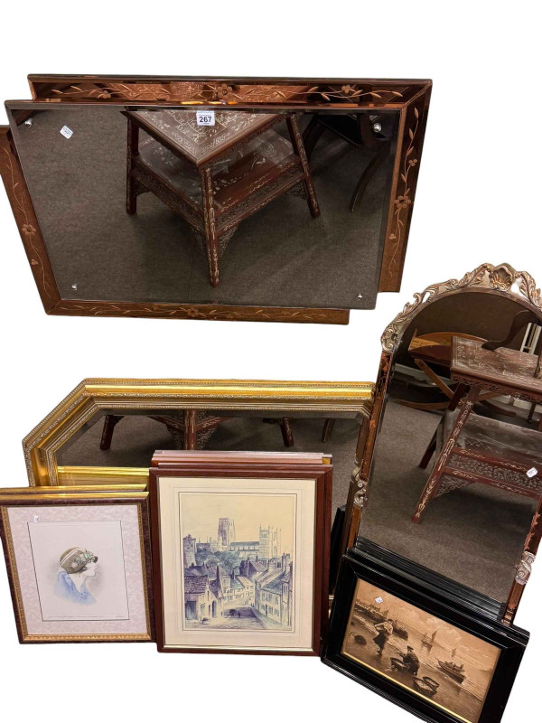 Collection of pictures and mirrors including pair of chrystoleums.