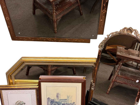 Collection of pictures and mirrors including pair of chrystoleums. thumbnail