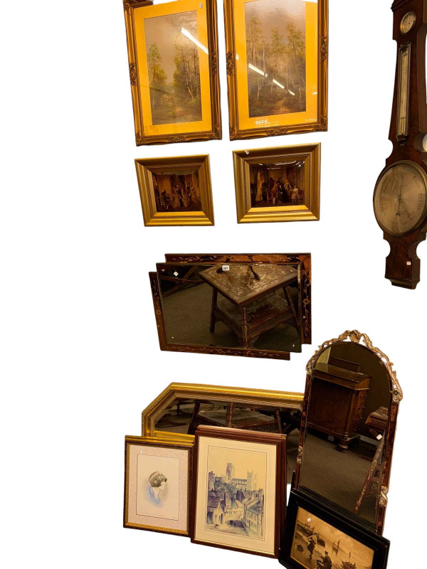 Collection of pictures and mirrors including pair of chrystoleums.