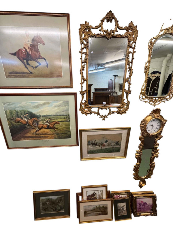 Collection of equestrian pictures and three ornate gilt mirrors.