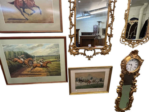 Collection of equestrian pictures and three ornate gilt mirrors.