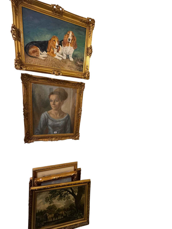 DM & EM Alderson pair Bassets, 1960's female portrait and other pictures.